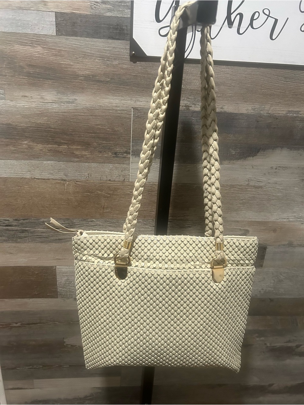 Vintage Cream Shoulder Tote Bag with Braided Straps
